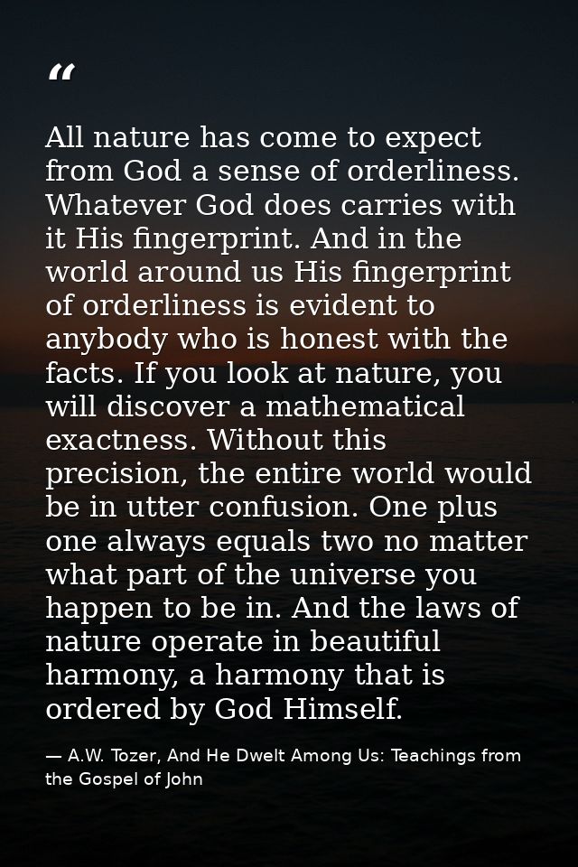 All nature has come to expect from God a sense of orderliness. Whatever God does carries with it His fingerprint. And in — A.W. Tozer, And He Dwelt Among Us: Teachings from the Gospel of John