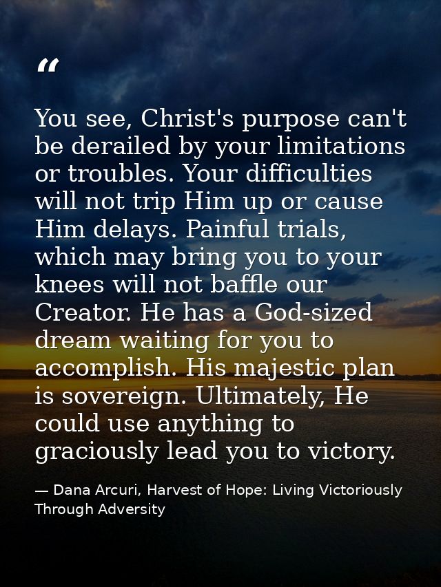 You see, Christ's purpose can't be derailed by your limitations or troubles. Your difficulties will not trip Him up or c — Dana Arcuri, Harvest of Hope: Living Victoriously Through Adversity