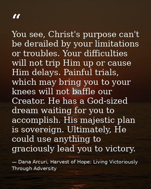 You see, Christ's purpose can't be derailed by your limitations or troubles. Your difficulties will not trip Him up or c — Dana Arcuri, Harvest of Hope: Living Victoriously Through Adversity