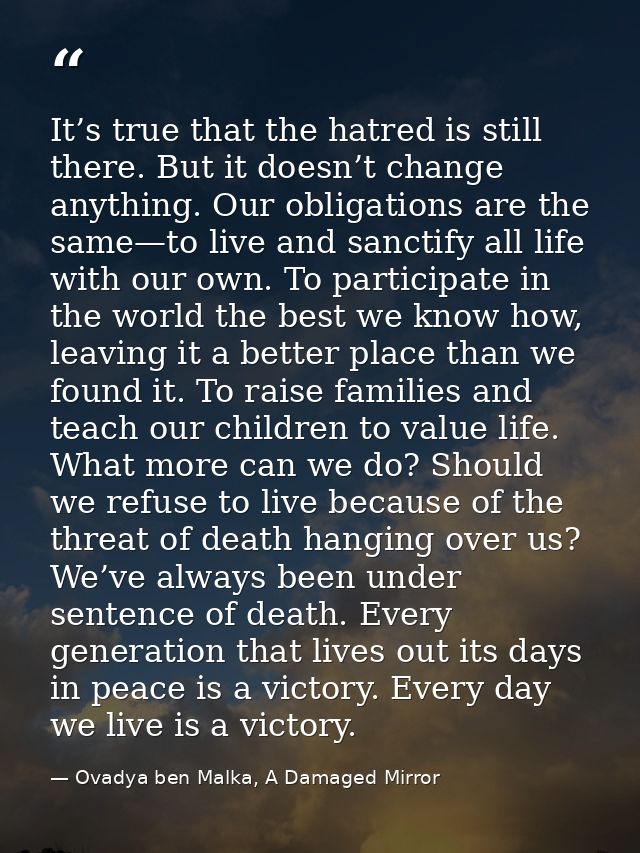It’s true that the hatred is still there. But it doesn’t change anything. Our obligations are the same—to live and sanct — Ovadya ben Malka, A Damaged Mirror