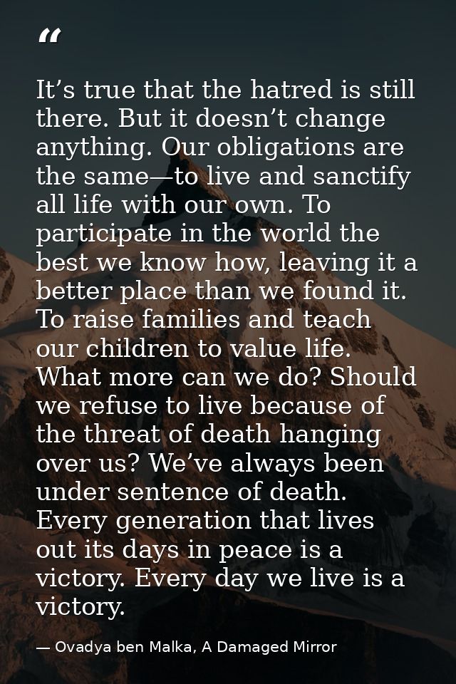 It’s true that the hatred is still there. But it doesn’t change anything. Our obligations are the same—to live and sanct — Ovadya ben Malka, A Damaged Mirror
