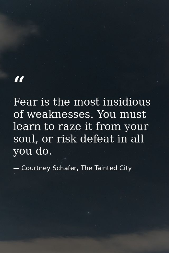 Fear is the most insidious of weaknesses. You must learn to raze it from your soul, or risk defeat in all you do. — Courtney Schafer, The Tainted City