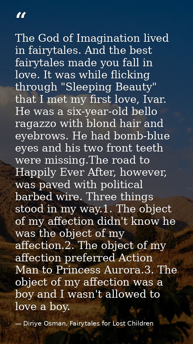 The God of Imagination lived in fairytales. And the best fairytales made you fall in love. It was while flicking through — Diriye Osman, Fairytales for Lost Children