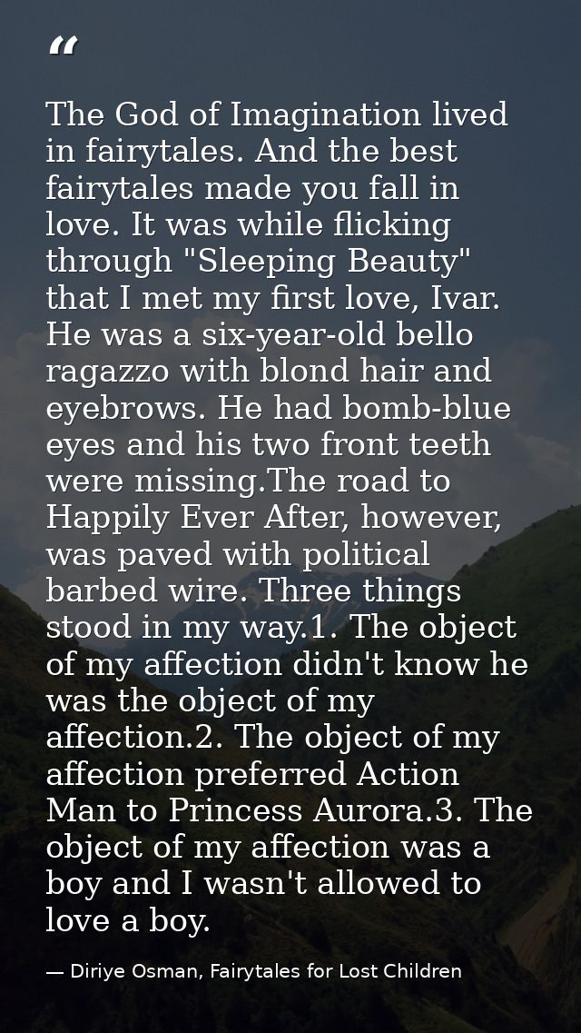 The God of Imagination lived in fairytales. And the best fairytales made you fall in love. It was while flicking through — Diriye Osman, Fairytales for Lost Children