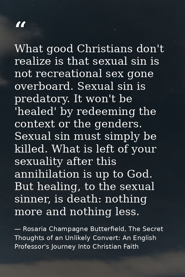 What good Christians don't realize is that sexual sin is not recreational sex gone overboard. Sexual sin is predatory. I — Rosaria Champagne Butterfield, The Secret Thoughts of an Unlikely Convert: An English Professor's Journey Into Christian Faith