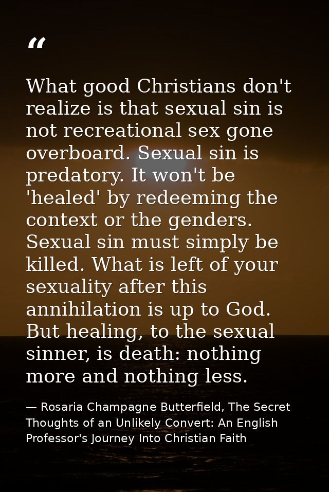 What good Christians don't realize is that sexual sin is not recreational sex gone overboard. Sexual sin is predatory. I — Rosaria Champagne Butterfield, The Secret Thoughts of an Unlikely Convert: An English Professor's Journey Into Christian Faith