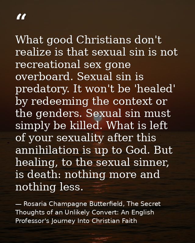 What good Christians don't realize is that sexual sin is not recreational sex gone overboard. Sexual sin is predatory. I — Rosaria Champagne Butterfield, The Secret Thoughts of an Unlikely Convert: An English Professor's Journey Into Christian Faith