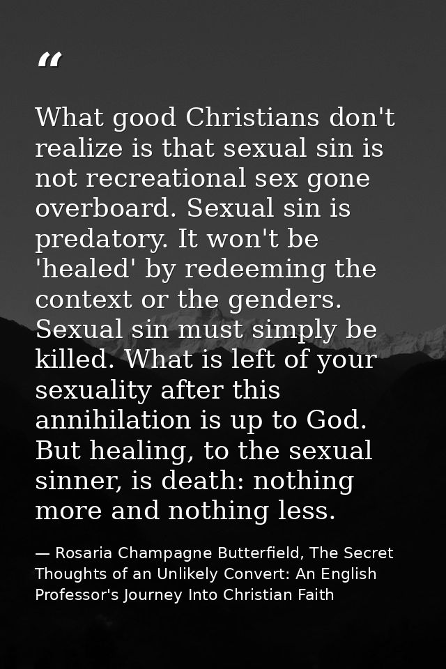 What good Christians don't realize is that sexual sin is not recreational sex gone overboard. Sexual sin is predatory. I — Rosaria Champagne Butterfield, The Secret Thoughts of an Unlikely Convert: An English Professor's Journey Into Christian Faith
