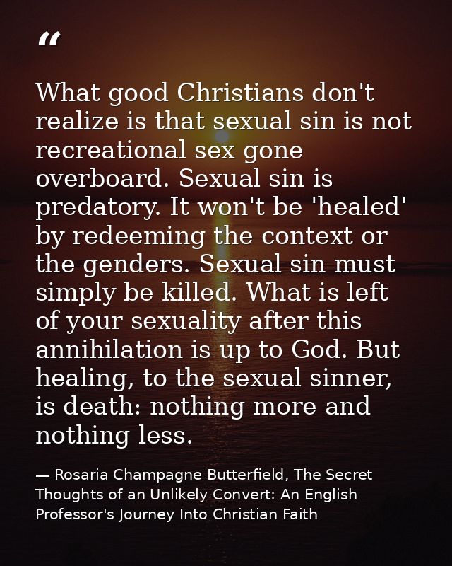 What good Christians don't realize is that sexual sin is not recreational sex gone overboard. Sexual sin is predatory. I — Rosaria Champagne Butterfield, The Secret Thoughts of an Unlikely Convert: An English Professor's Journey Into Christian Faith