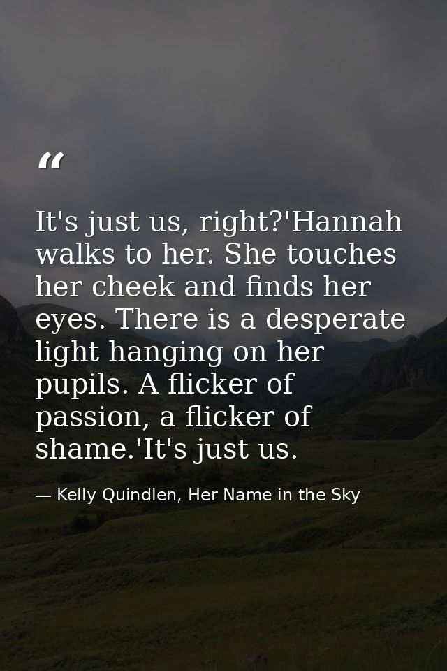It's just us, right?'Hannah walks to her. She touches her cheek and finds her eyes. There is a desperate light hanging o — Kelly Quindlen, Her Name in the Sky