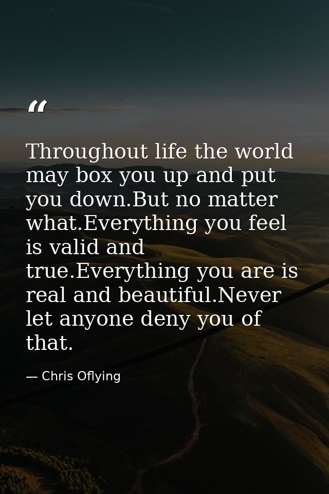 Throughout life the world may box you up and put you down.But no matter what.Everything you feel is valid and true.Every — Chris Oflying