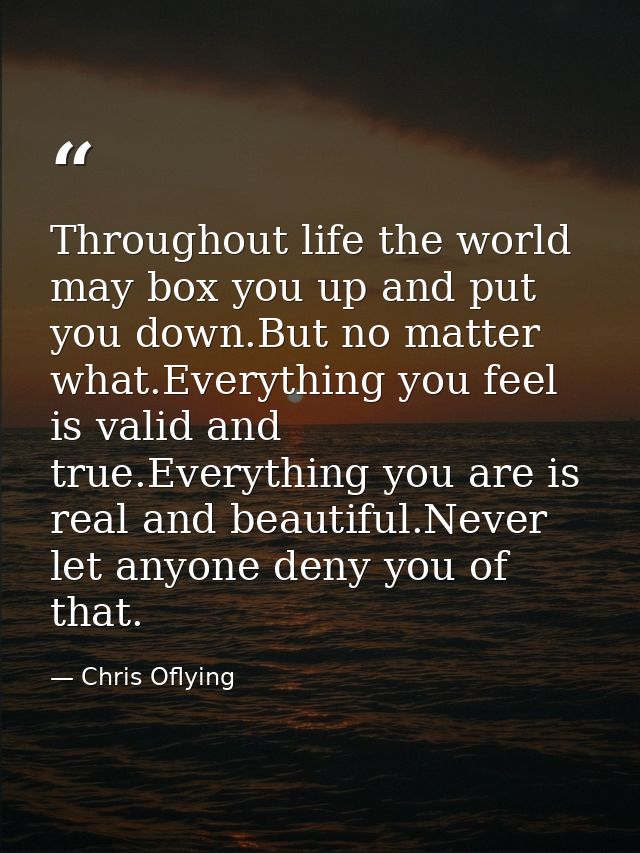 Throughout life the world may box you up and put you down.But no matter what.Everything you feel is valid and true.Every — Chris Oflying