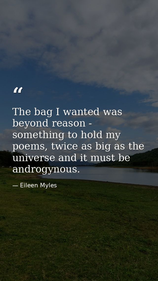 The bag I wanted was beyond reason - something to hold my poems, twice as big as the universe and it must be androgynous — Eileen Myles