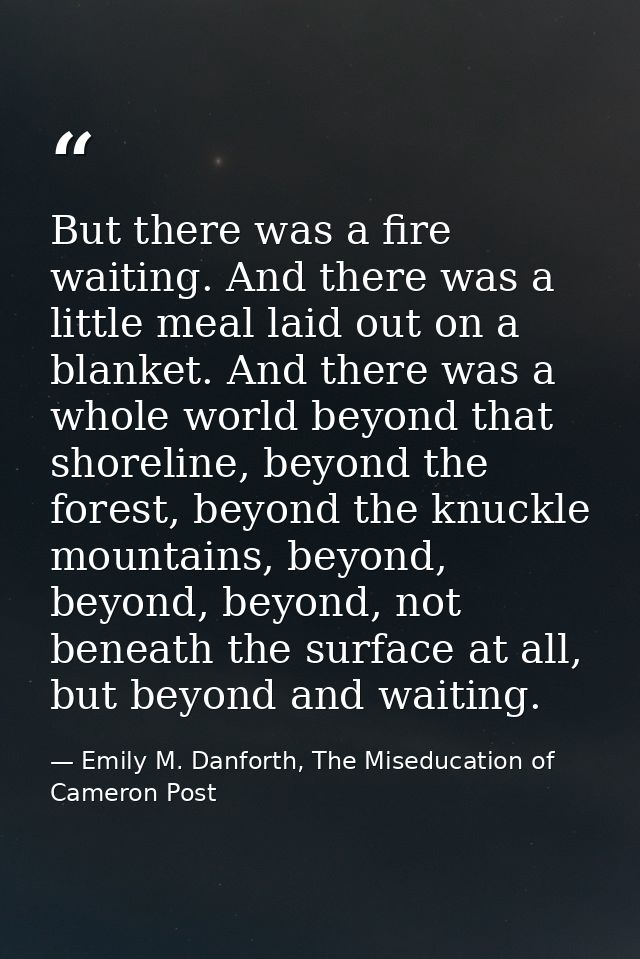 But there was a fire waiting. And there was a little meal laid out on a blanket. And there was a whole world beyond that — Emily M. Danforth, The Miseducation of Cameron Post