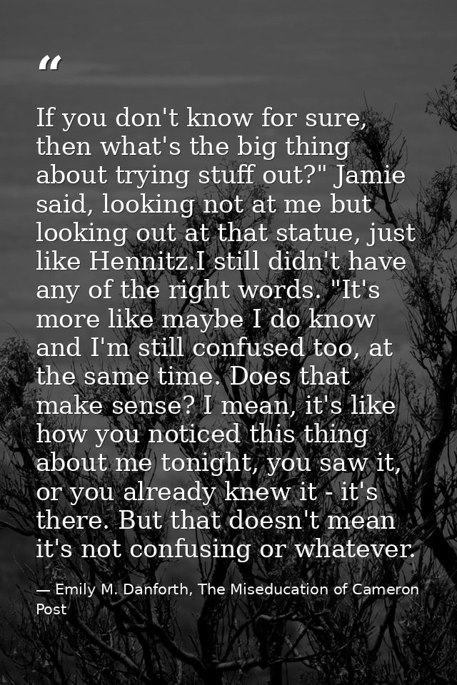 If you don't know for sure, then what's the big thing about trying stuff out?" Jamie said, looking not at me but looking — Emily M. Danforth, The Miseducation of Cameron Post