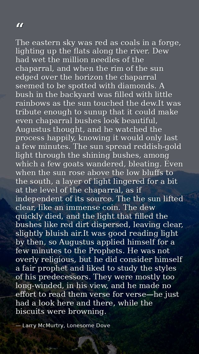 The eastern sky was red as coals in a forge, lighting up the flats along the river. Dew had wet the million needles of t — Larry McMurtry, Lonesome Dove