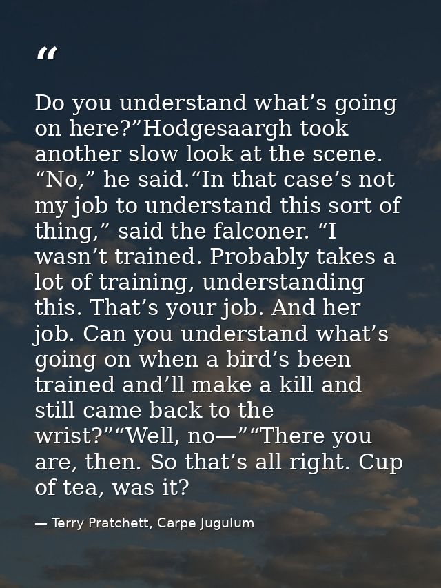 Do you understand what’s going on here?”Hodgesaargh took another slow look at the scene. “No,” he said.“In that case’s n — Terry Pratchett, Carpe Jugulum