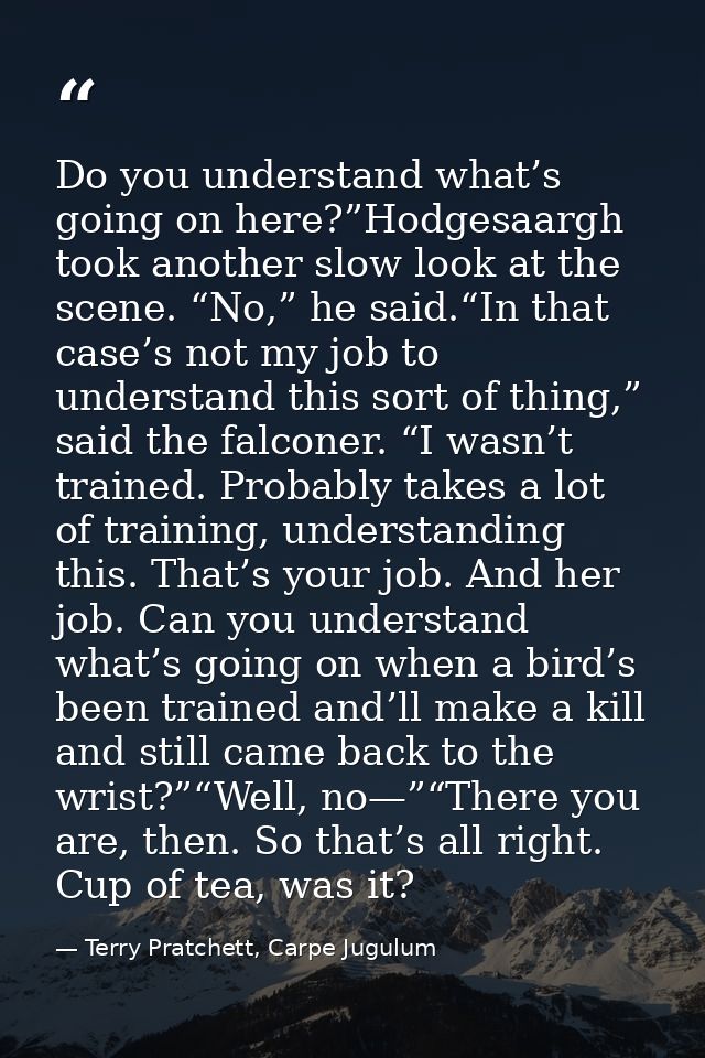Do you understand what’s going on here?”Hodgesaargh took another slow look at the scene. “No,” he said.“In that case’s n — Terry Pratchett, Carpe Jugulum