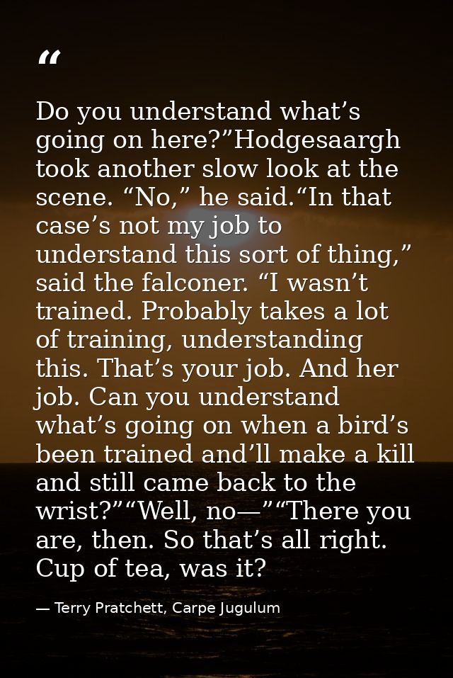 Do you understand what’s going on here?”Hodgesaargh took another slow look at the scene. “No,” he said.“In that case’s n — Terry Pratchett, Carpe Jugulum