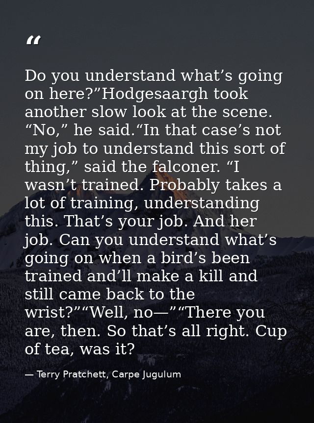 Do you understand what’s going on here?”Hodgesaargh took another slow look at the scene. “No,” he said.“In that case’s n — Terry Pratchett, Carpe Jugulum