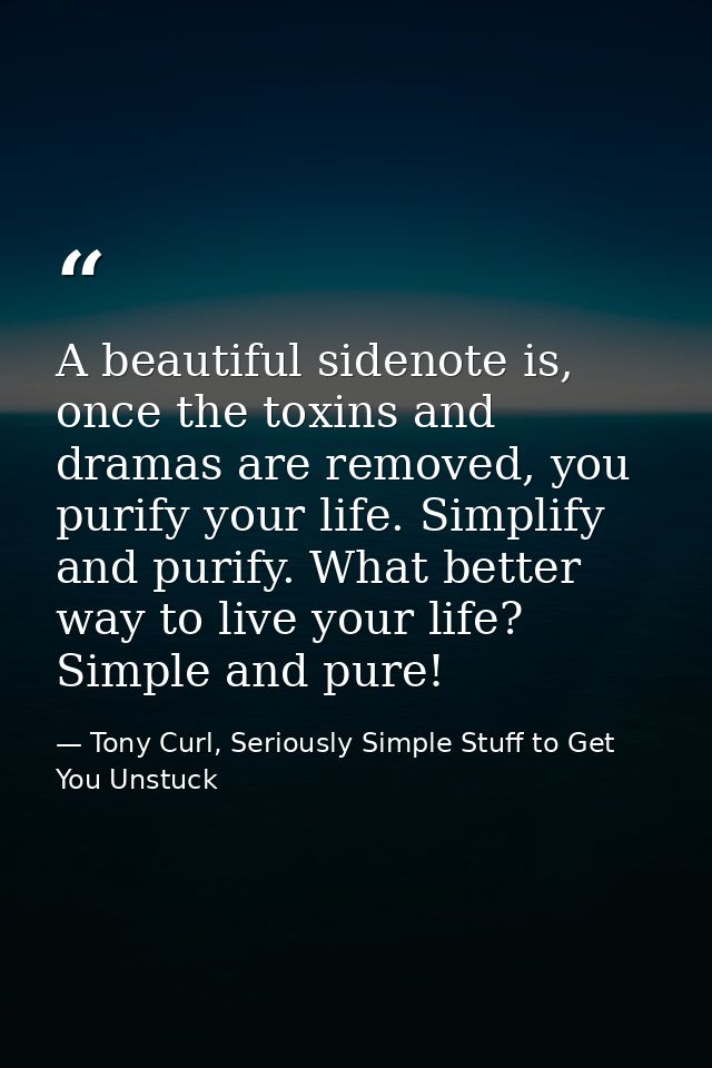 A beautiful sidenote is, once the toxins and dramas are removed, you purify your life. Simplify and purify. What better  — Tony Curl, Seriously Simple Stuff to Get You Unstuck