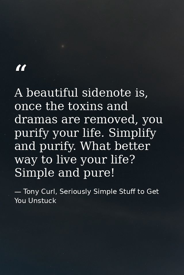 A beautiful sidenote is, once the toxins and dramas are removed, you purify your life. Simplify and purify. What better  — Tony Curl, Seriously Simple Stuff to Get You Unstuck