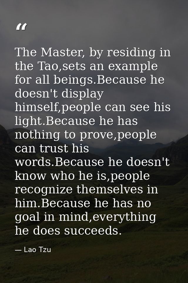 The Master, by residing in the Tao,sets an example for all beings.Because he doesn't display himself,people can see his  — Lao Tzu