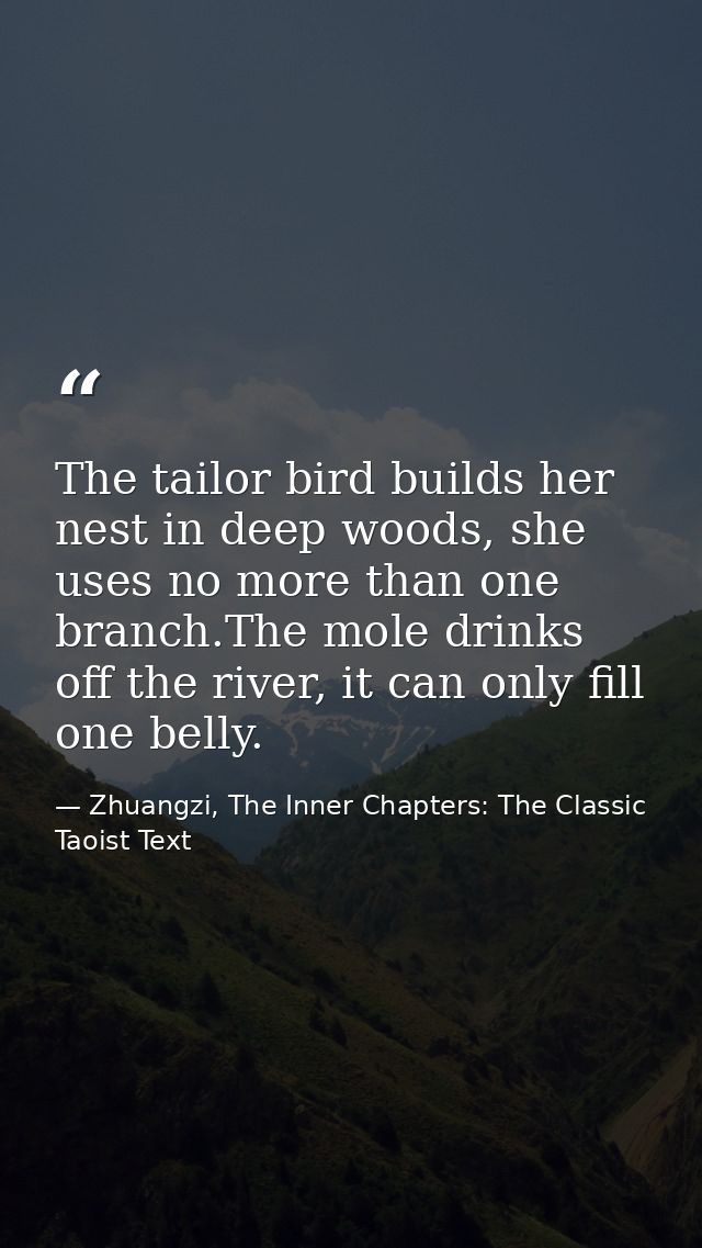 The tailor bird builds her nest in deep woods, she uses no more than one branch.The mole drinks off the river, it can on — Zhuangzi, The Inner Chapters: The Classic Taoist Text
