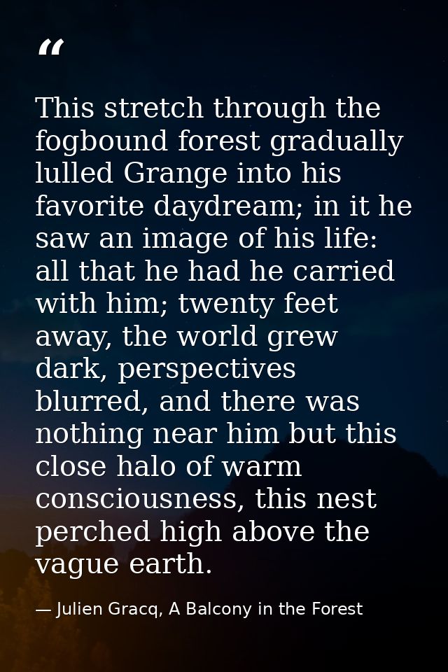 This stretch through the fogbound forest gradually lulled Grange into his favorite daydream; in it he saw an image of hi — Julien Gracq, A Balcony in the Forest