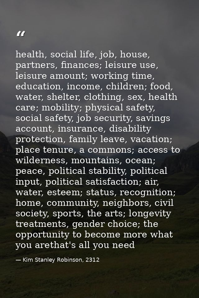 health, social life, job, house, partners, finances; leisure use, leisure amount; working time, education, income, child — Kim Stanley Robinson, 2312
