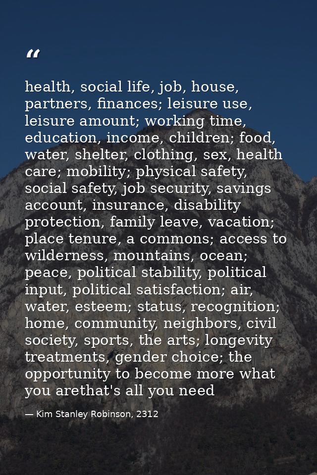 health, social life, job, house, partners, finances; leisure use, leisure amount; working time, education, income, child — Kim Stanley Robinson, 2312