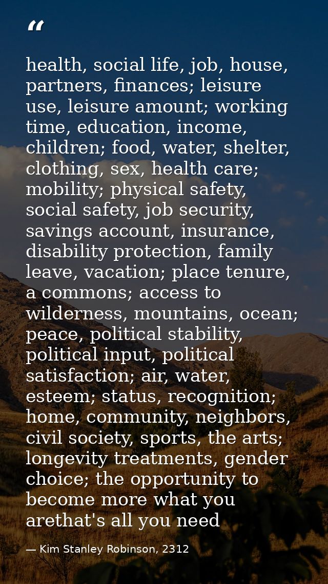 health, social life, job, house, partners, finances; leisure use, leisure amount; working time, education, income, child — Kim Stanley Robinson, 2312