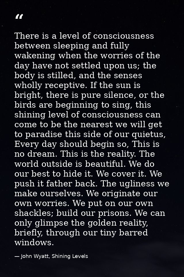 There is a level of consciousness between sleeping and fully wakening when the worries of the day have not settled upon  — John Wyatt, Shining Levels