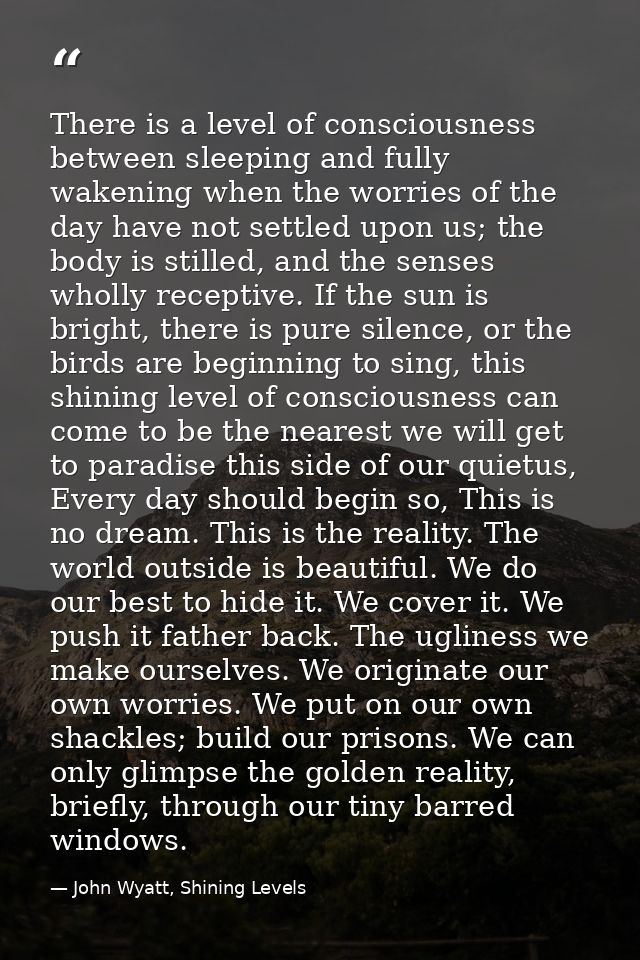 There is a level of consciousness between sleeping and fully wakening when the worries of the day have not settled upon  — John Wyatt, Shining Levels