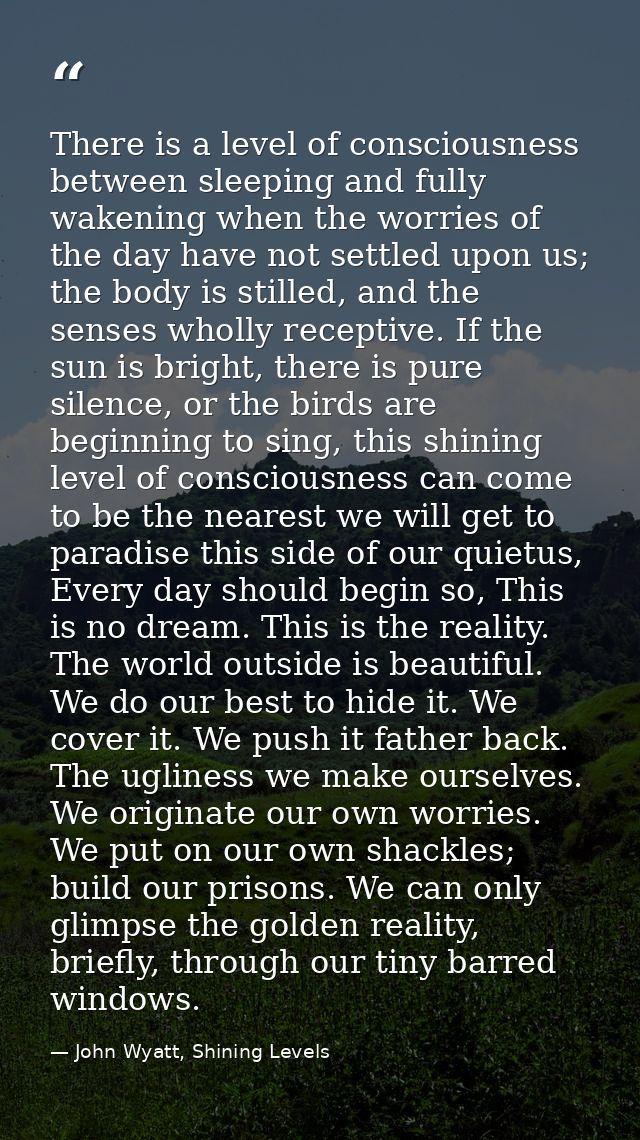 There is a level of consciousness between sleeping and fully wakening when the worries of the day have not settled upon  — John Wyatt, Shining Levels