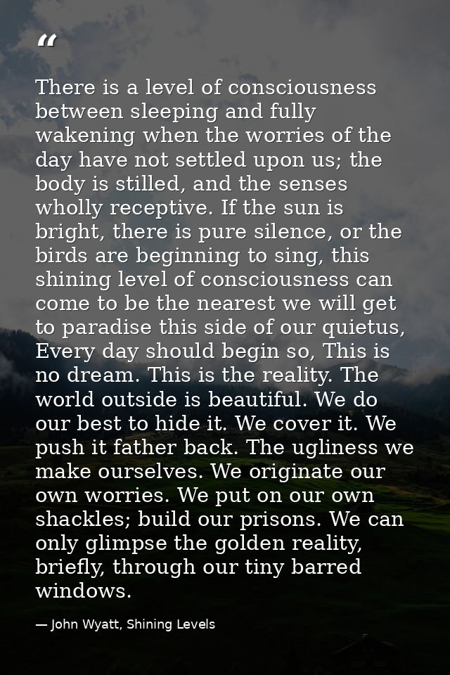 There is a level of consciousness between sleeping and fully wakening when the worries of the day have not settled upon  — John Wyatt, Shining Levels