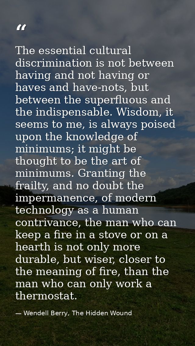 The essential cultural discrimination is not between having and not having or haves and have-nots, but between the super — Wendell Berry, The Hidden Wound
