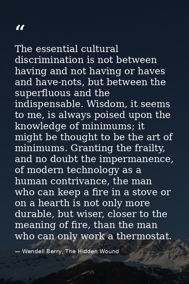 The essential cultural discrimination is not between having and not having or haves and have-nots, but between the super — Wendell Berry, The Hidden Wound