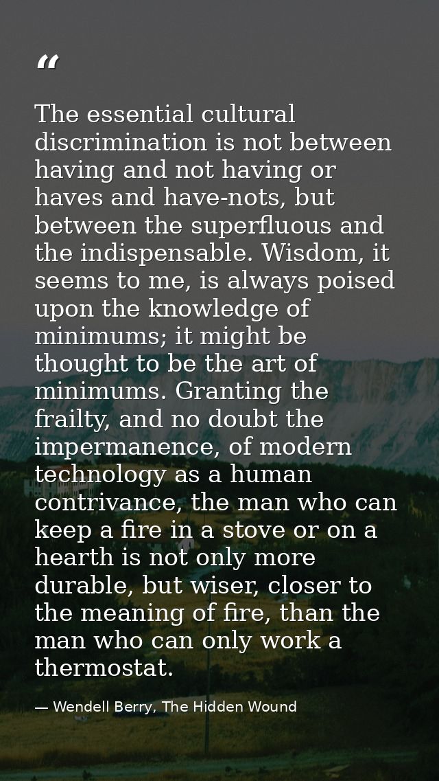 The essential cultural discrimination is not between having and not having or haves and have-nots, but between the super — Wendell Berry, The Hidden Wound