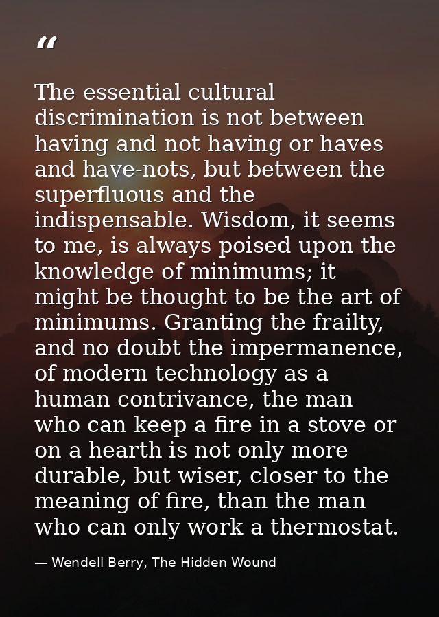 The essential cultural discrimination is not between having and not having or haves and have-nots, but between the super — Wendell Berry, The Hidden Wound