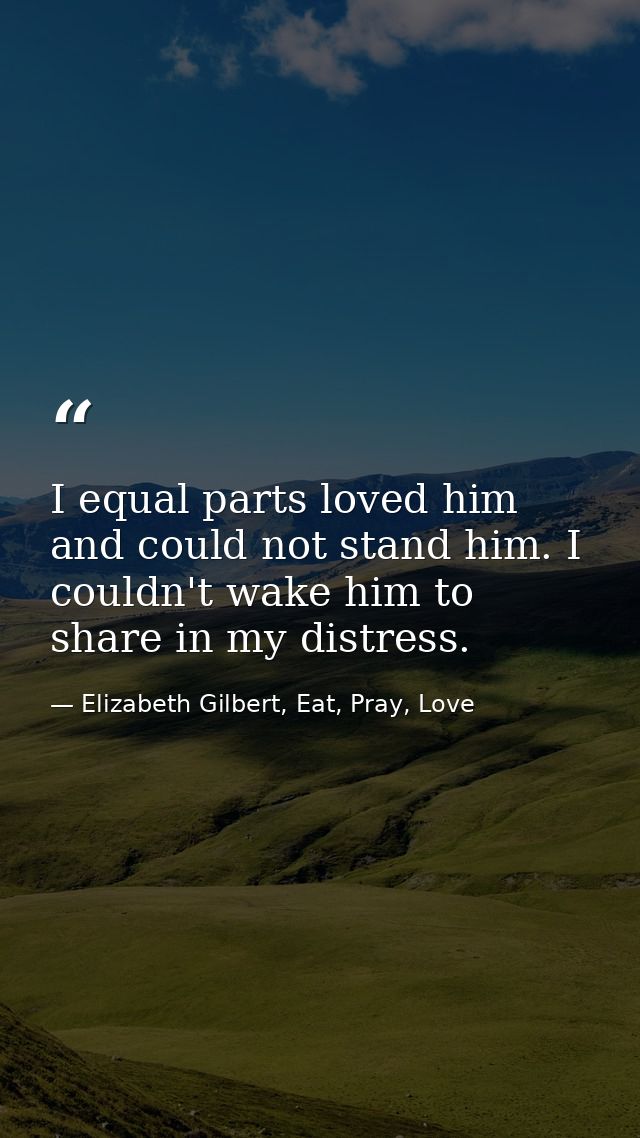 I equal parts loved him and could not stand him. I couldn't wake him to share in my distress. — Elizabeth Gilbert, Eat, Pray, Love