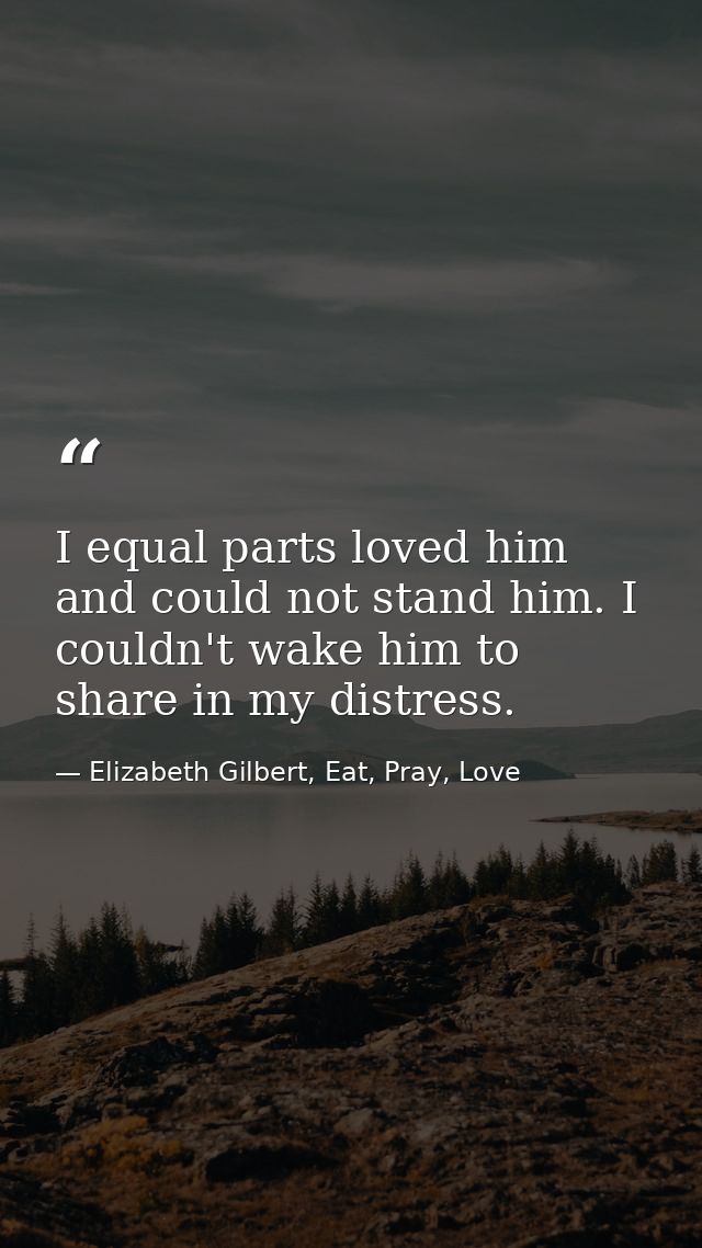 I equal parts loved him and could not stand him. I couldn't wake him to share in my distress. — Elizabeth Gilbert, Eat, Pray, Love