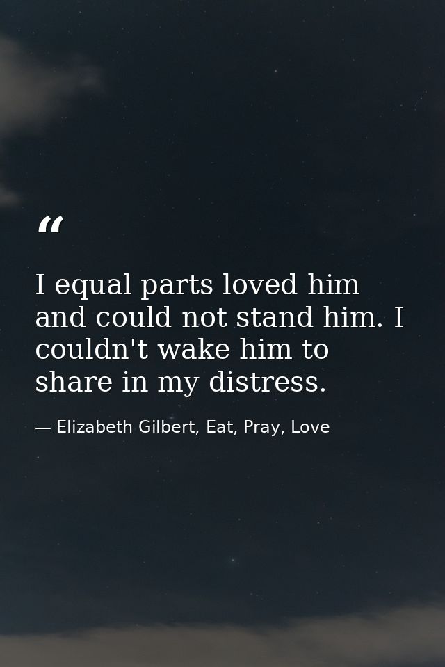 I equal parts loved him and could not stand him. I couldn't wake him to share in my distress. — Elizabeth Gilbert, Eat, Pray, Love