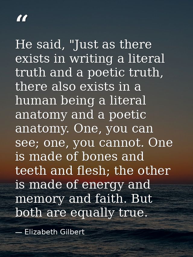 He said, "Just as there exists in writing a literal truth and a poetic truth, there also exists in a human being a liter — Elizabeth Gilbert