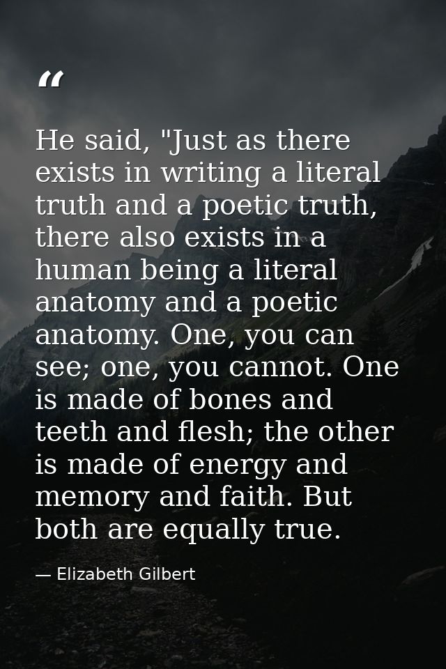 He said, "Just as there exists in writing a literal truth and a poetic truth, there also exists in a human being a liter — Elizabeth Gilbert