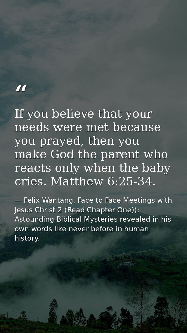 If you believe that your needs were met because you prayed, then you make God the parent who reacts only when the baby c — Felix Wantang, Face to Face Meetings with Jesus Christ 2 (Read Chapter One)): Astounding Biblical Mysteries revealed in his own words like never before in human history.