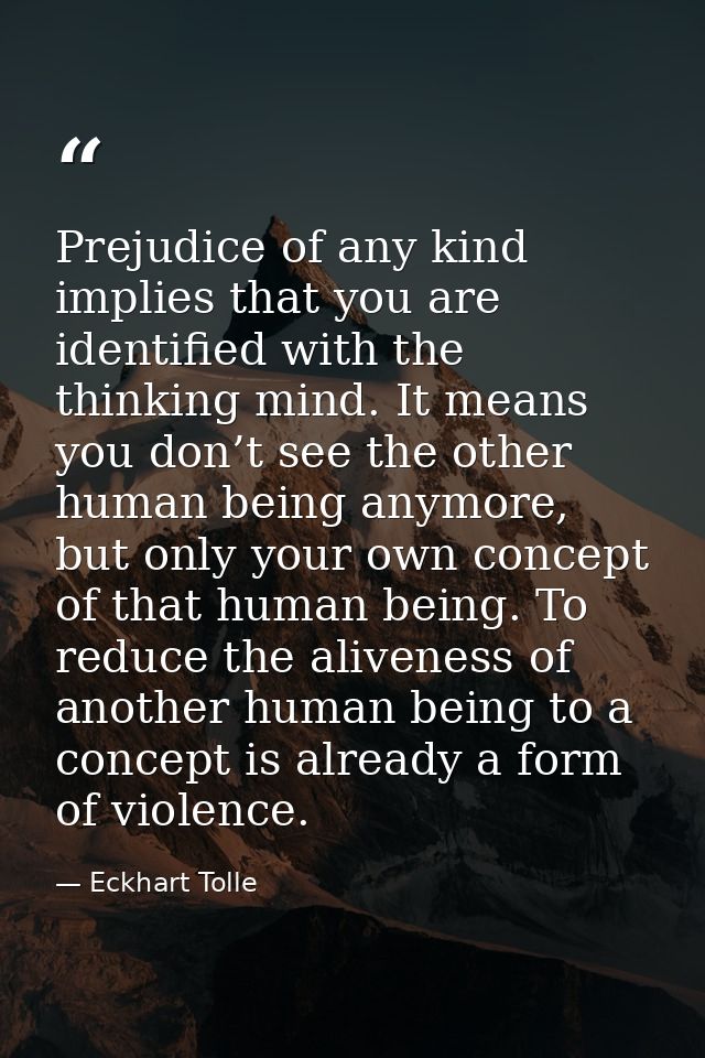 Prejudice of any kind implies that you are identified with the thinking mind. It means you don’t see the other human bei — Eckhart Tolle