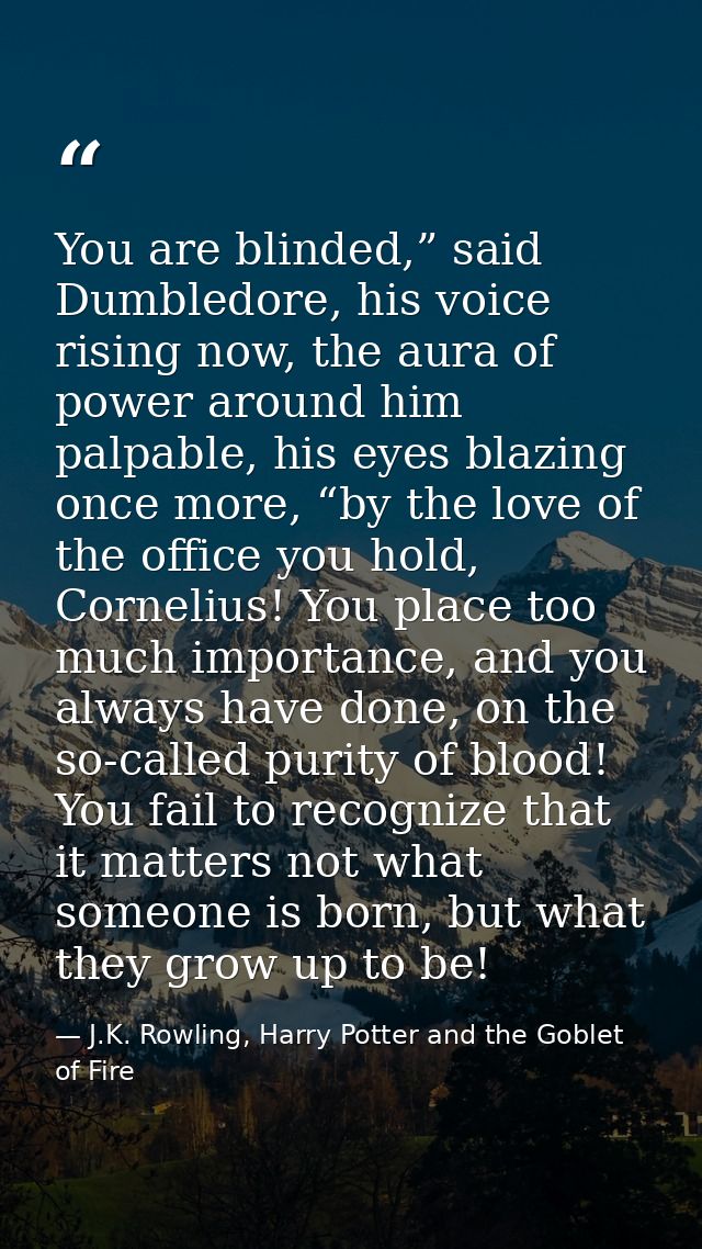 You are blinded,” said Dumbledore, his voice rising now, the aura of power around him palpable, his eyes blazing once mo — J.K. Rowling, Harry Potter and the Goblet of Fire
