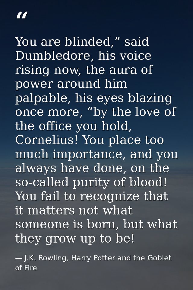 You are blinded,” said Dumbledore, his voice rising now, the aura of power around him palpable, his eyes blazing once mo — J.K. Rowling, Harry Potter and the Goblet of Fire