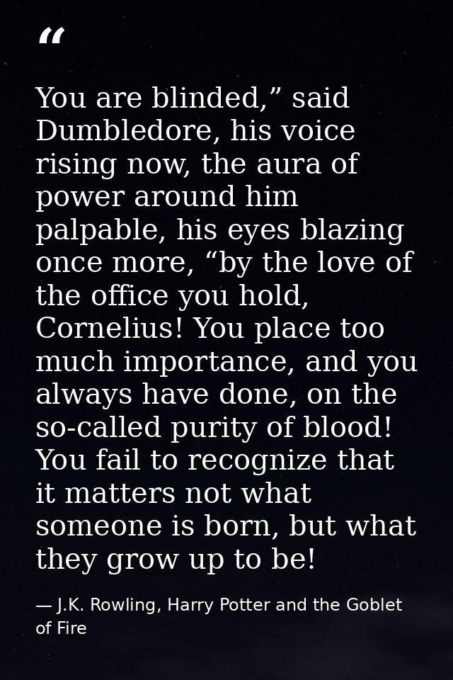 You are blinded,” said Dumbledore, his voice rising now, the aura of power around him palpable, his eyes blazing once mo — J.K. Rowling, Harry Potter and the Goblet of Fire